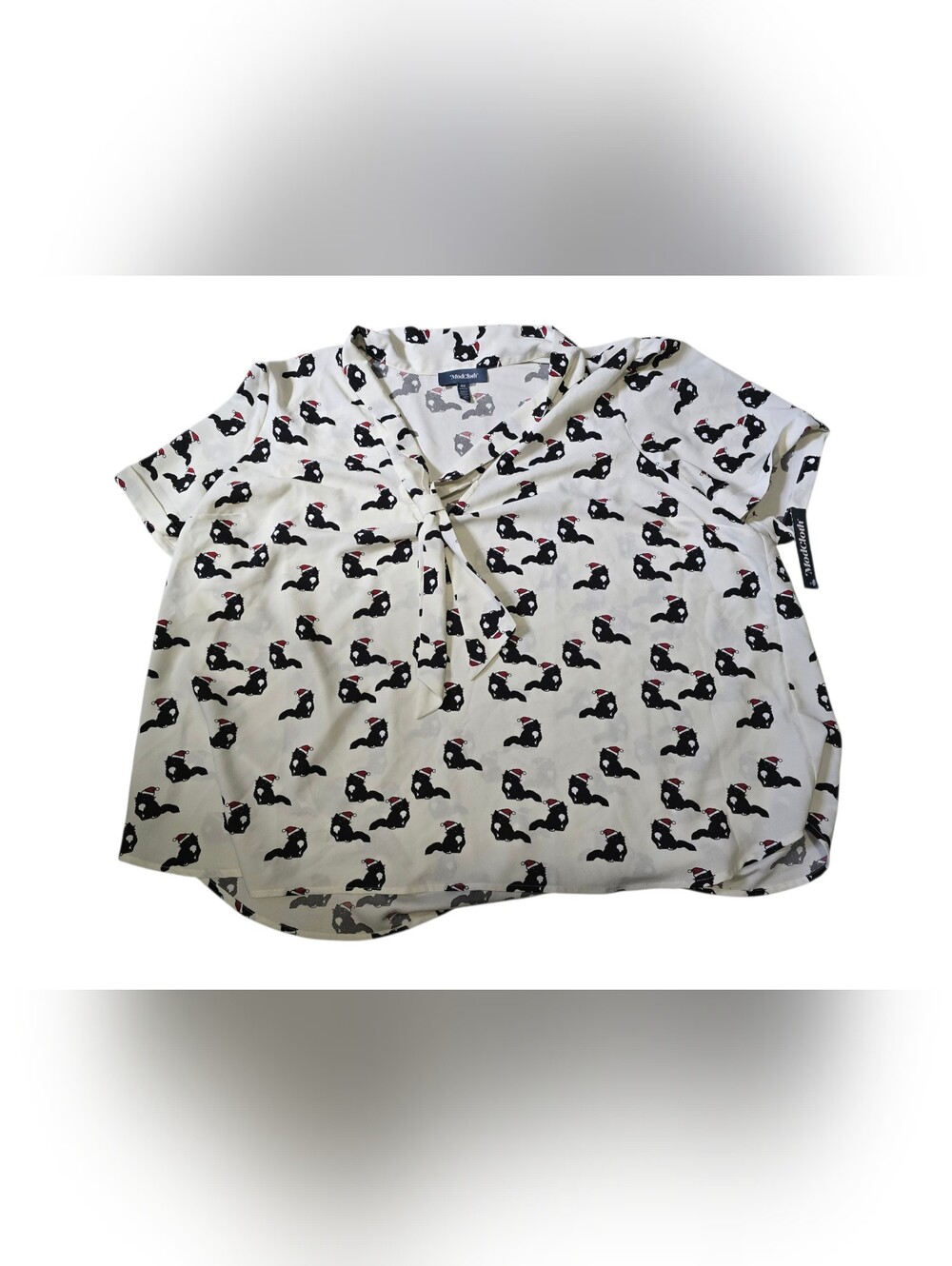 NWT Modcloth Womens Plus 4XL V-neck Faux Tie Holiday Santa Hat Cat Blouse Cute
